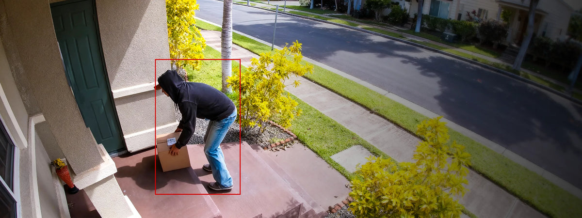 Pollo PLC-304-TB-4G Guardian Shield 4G - 3MP Solar Powered 4G Outdoor PT Camera — doorstep scene with a parcel thief detected and outlined