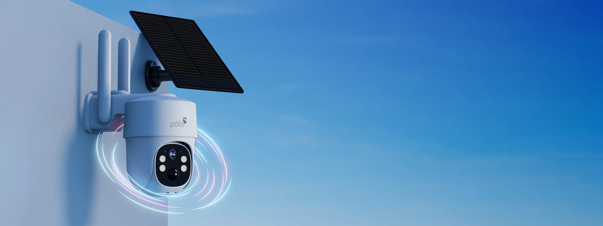 Pollo PLC-304-TB-4G Guardian Shield 4G - 3MP Solar Powered 4G Outdoor PT Camera — solar-powered pan-tilt camera on a wall against a blue sky
