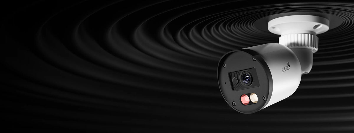 Pollo PLC-322P-AU-DL2/PM 2 Megapixel Dual-Light FHD Bullet Camera — bullet camera ceiling-mounted with its warm-light LEDs lit