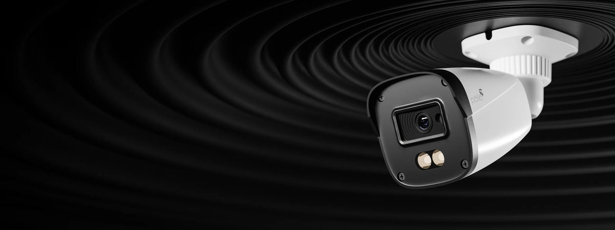 Pollo PLC-325P-AU-WR3/PM 5 Megapixel Full Color FHD Bullet Camera — bullet camera ceiling-mounted with its dual-light LEDs lit