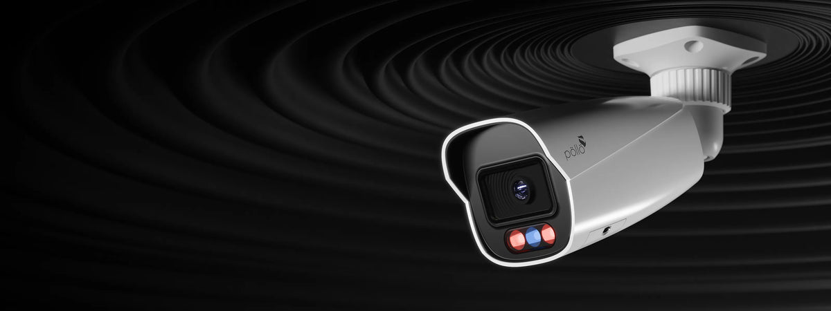 Pollo PLC-424M-AD-IR5/PM 4 Megapixel Active Deterrence Network Bullet Camera — bullet camera ceiling-mounted with its dual-light LEDs lit