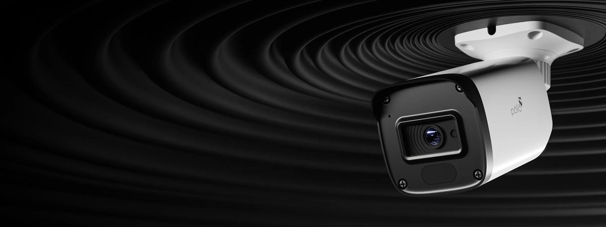 Pollo PLC-425M-AU-IR3/PM 5 Megapixel Network Bullet Camera — bullet camera with dual-light LEDs against a dark background