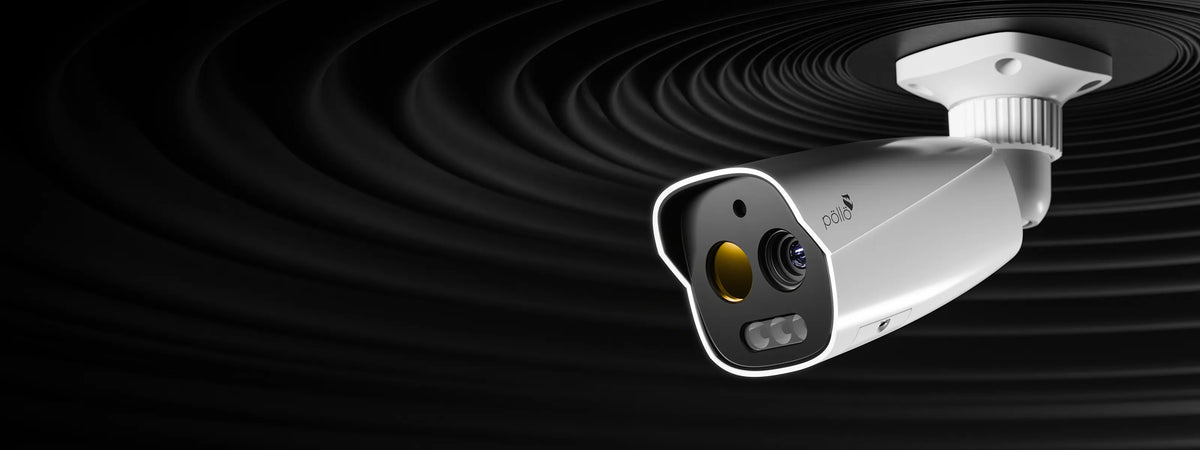 Pollo PLC-425M-THC-IR3PM 5 Megapixel Thermal Vision Network Bullet Camera — thermal bullet camera ceiling-mounted against a dark background