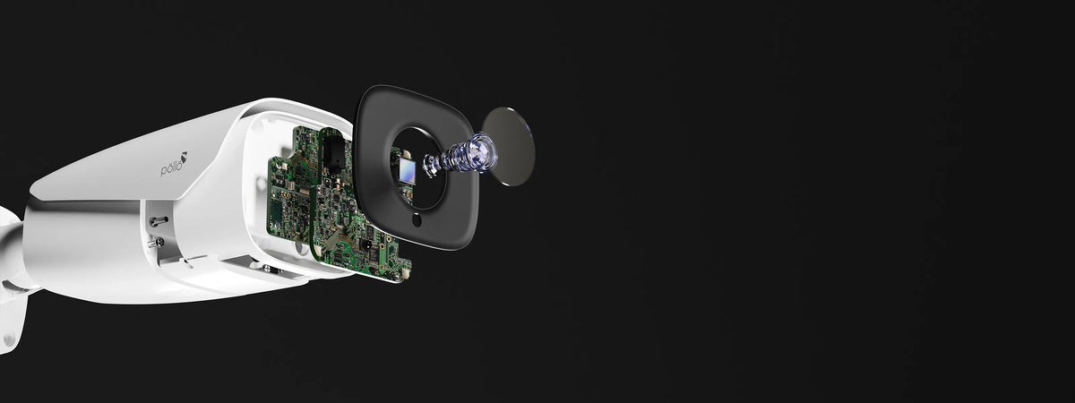 Pollo PLC-428M-AI-MZ-IR8/PM 8 Megapixel AI Network Bullet Motorized Camera — bullet camera exploded to show its lens and circuit board