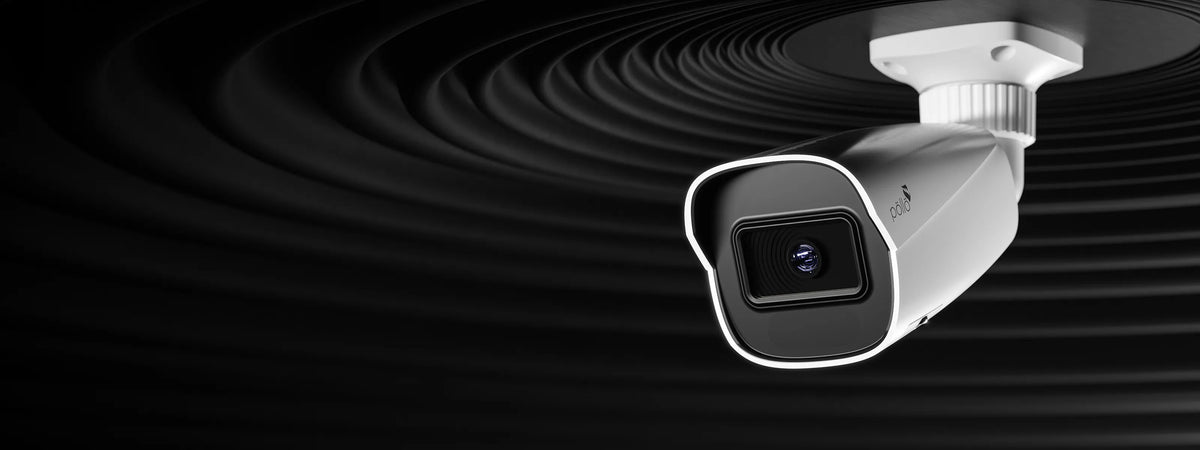 Pollo PLC-428M-MZ-IR5/PM 8 Megapixel Network Bullet Motorized Camera — bullet camera shown ceiling-mounted against a dark background