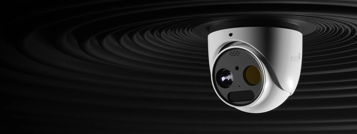 Pollo PLC-435M-THC-IR3PM 5 Megapixel Thermal Vision Network Dome Camera — thermal turret camera against a dark rippled background