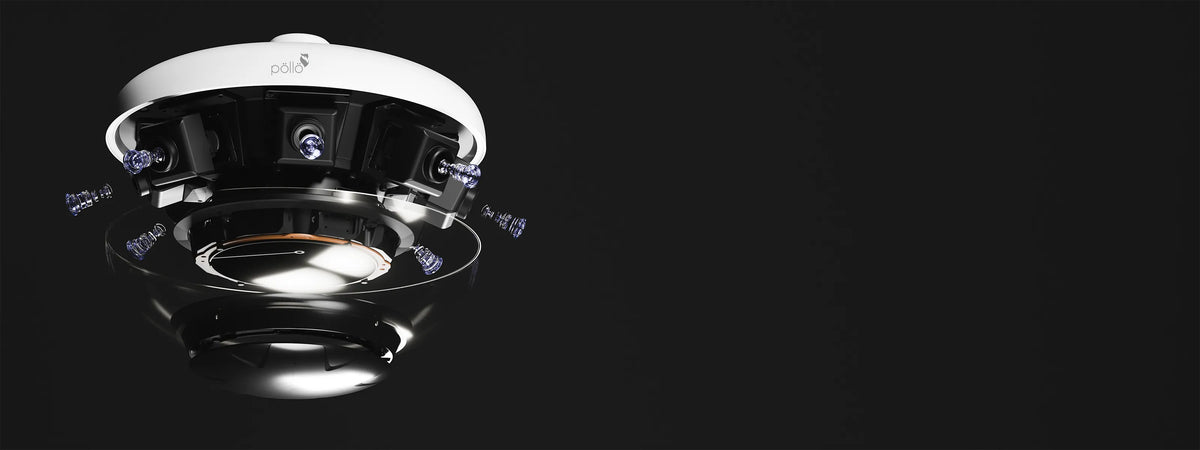 Pollo PLC-4816M-AI-PN-IR3/PM 16 Megapixel 360° Panoramic Network Camera — multi-sensor dome camera exploded to show its optics