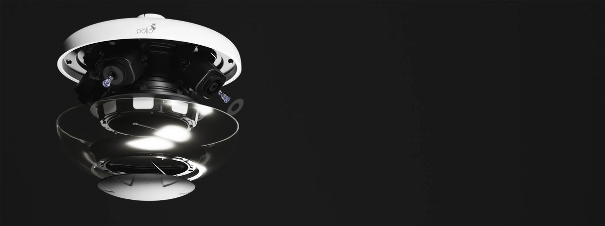 Pollo PLC-488M-AI-PN-IR3/PM 8 Megapixel Quad-Directional Panoramic Network Camera — multi-sensor panoramic camera exploded to show its lenses