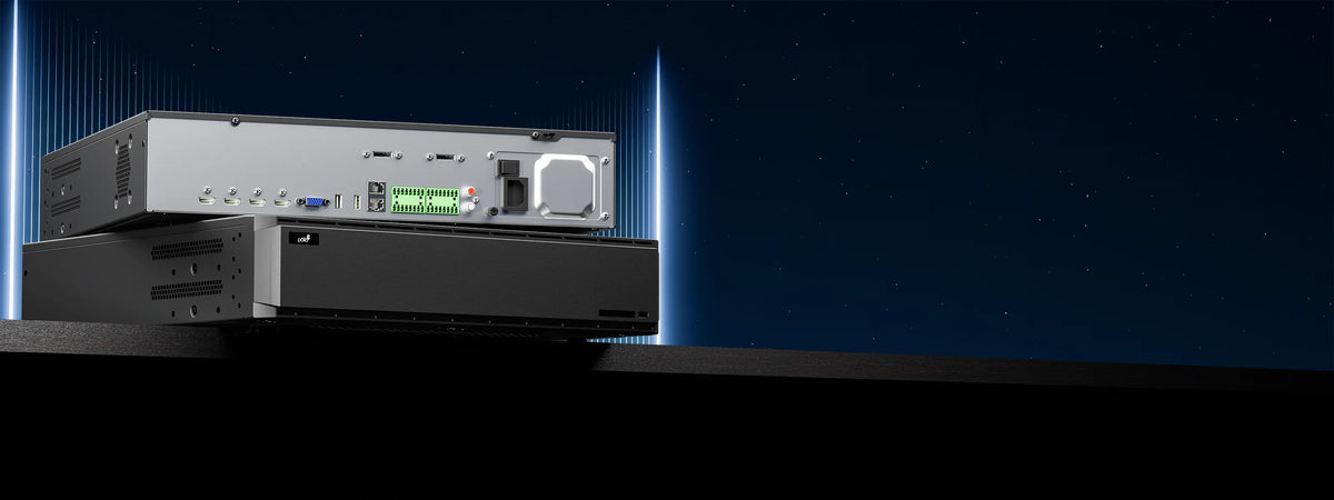 Pollo PLC-51264H8/PM-4K 16 Megapixel 64 Channel 4K NVR with 8 HDD Slots — recorder rear panel with ports shown against a dark backdrop