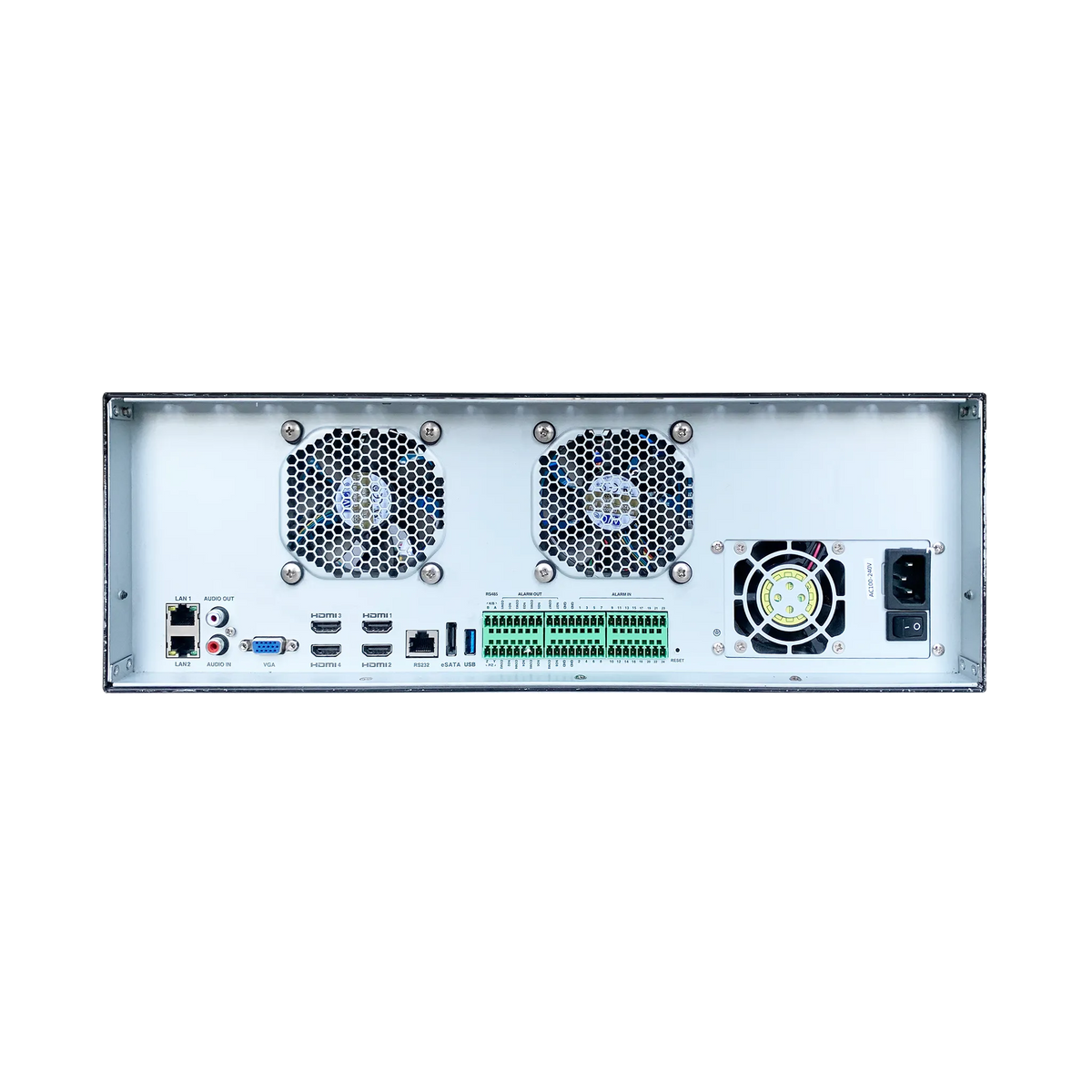 Pollo PLC-516128H16/PM-8K 16 Megapixel 128 Channel 8K NVR with 16 HDD Slots, rear panel with its ports and connectors
