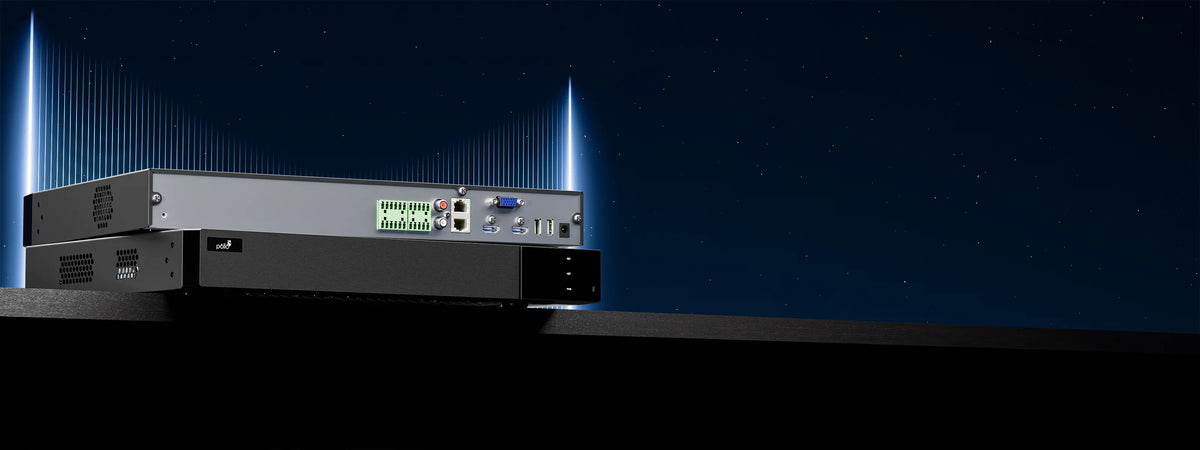 Pollo PLC-5816H2/PM-4K 8 Megapixel 16 Channel 4K NVR with 2 HDD Slots — recorder rear panel shown against a dark backdrop