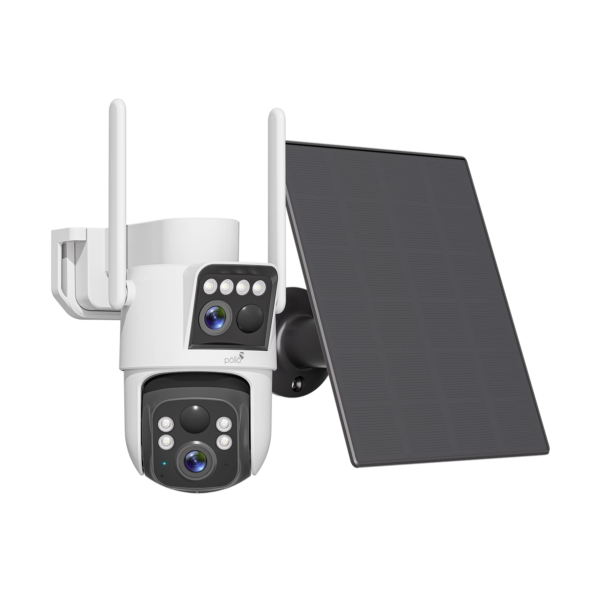 Pollo PLC-HS304-TB-DS-4G Guardian Apex 4G Pro – 2+2MP Smart 4G Dual Lens Outdoor PT Camera, with its solar panel, angled view