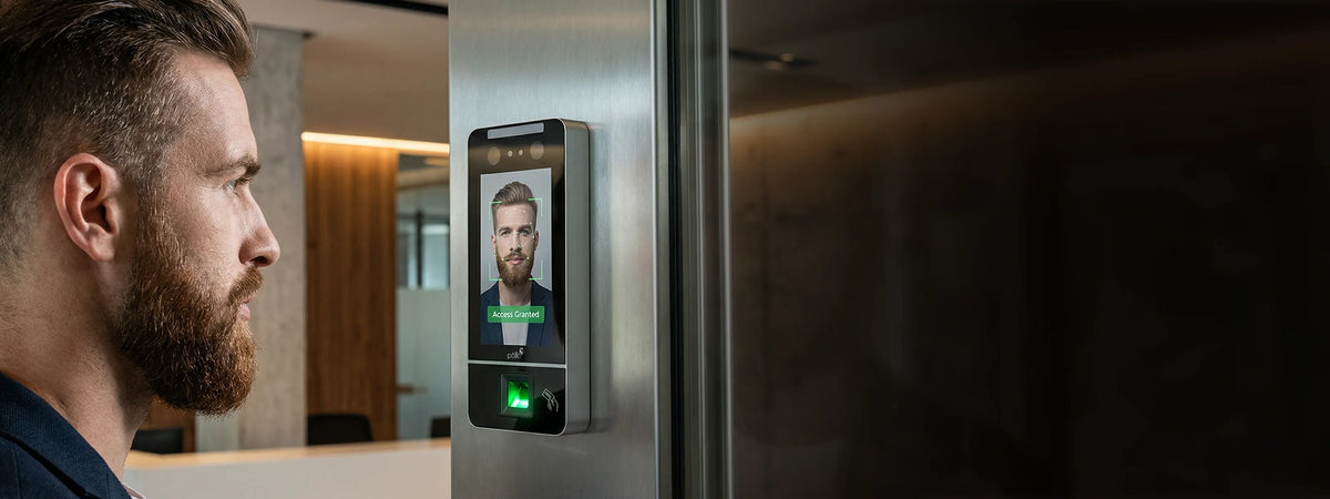 Pollo PLF-20K-VLP Face Smart+ - Visible Light Indoor Facial & Palm Recognition — facial recognition terminal in use at an office entrance