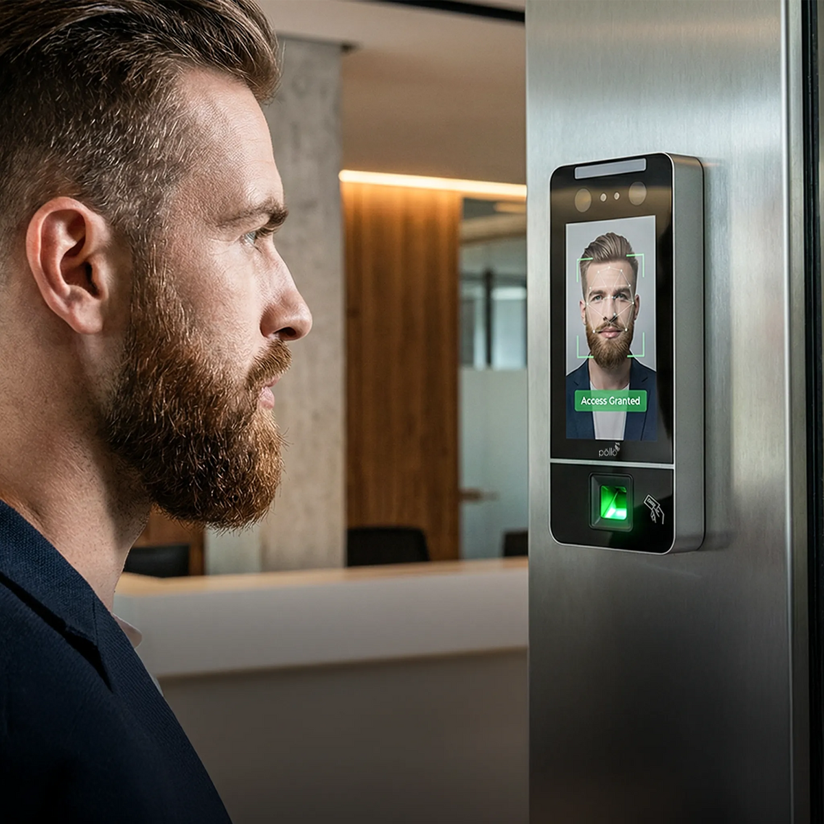 Pollo PLF-20K-VLP Face Smart+ - Visible Light Indoor Facial & Palm Recognition, wall-mounted and in use