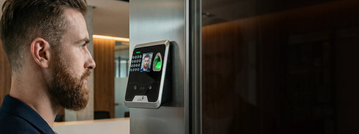Pollo PLF-S1000 FaceSlim - Face & Fingerprint Biometric Device — facial recognition terminal in use at an office entrance