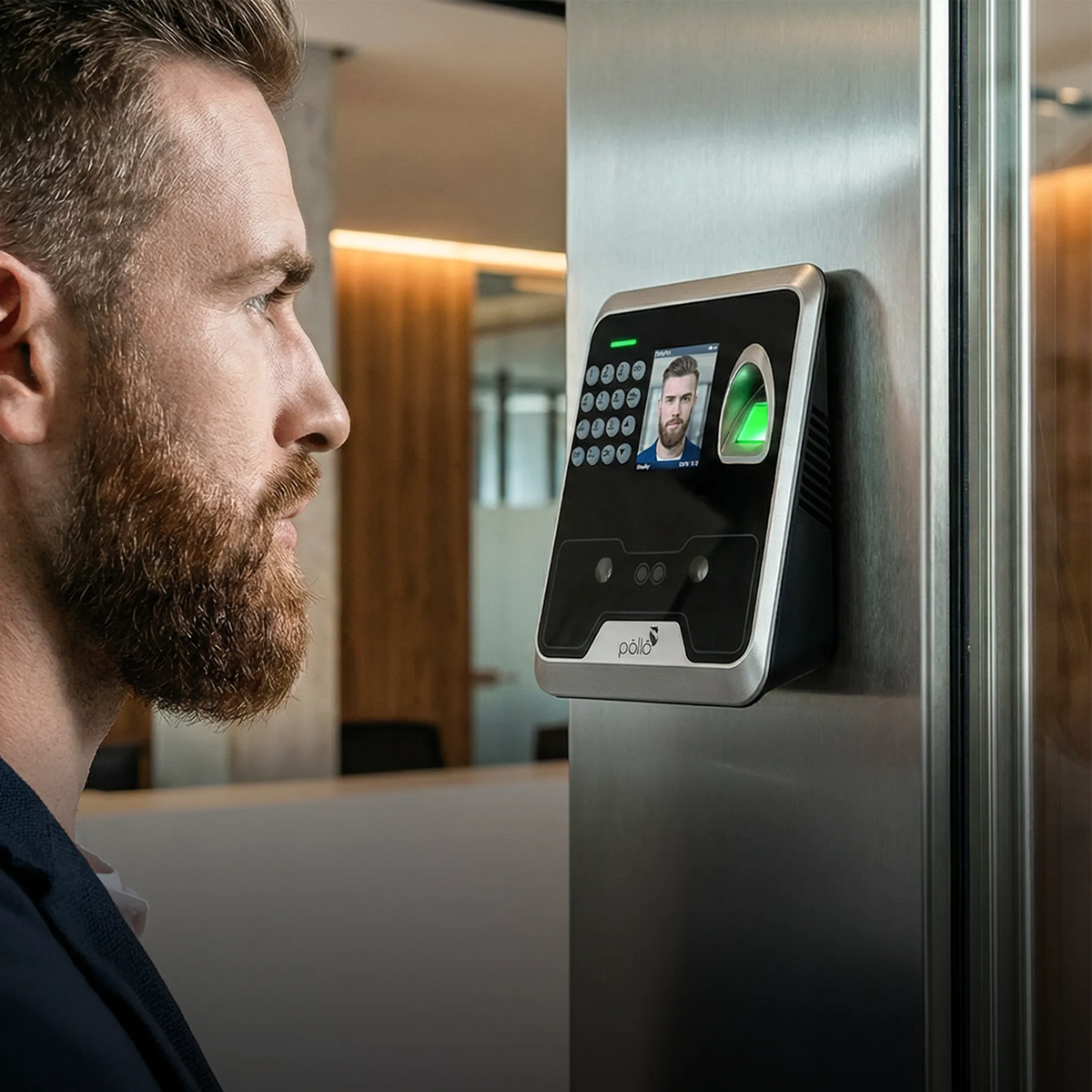 Pollo PLF-S1000 FaceSlim - Face & Fingerprint Biometric Device, wall-mounted and in use