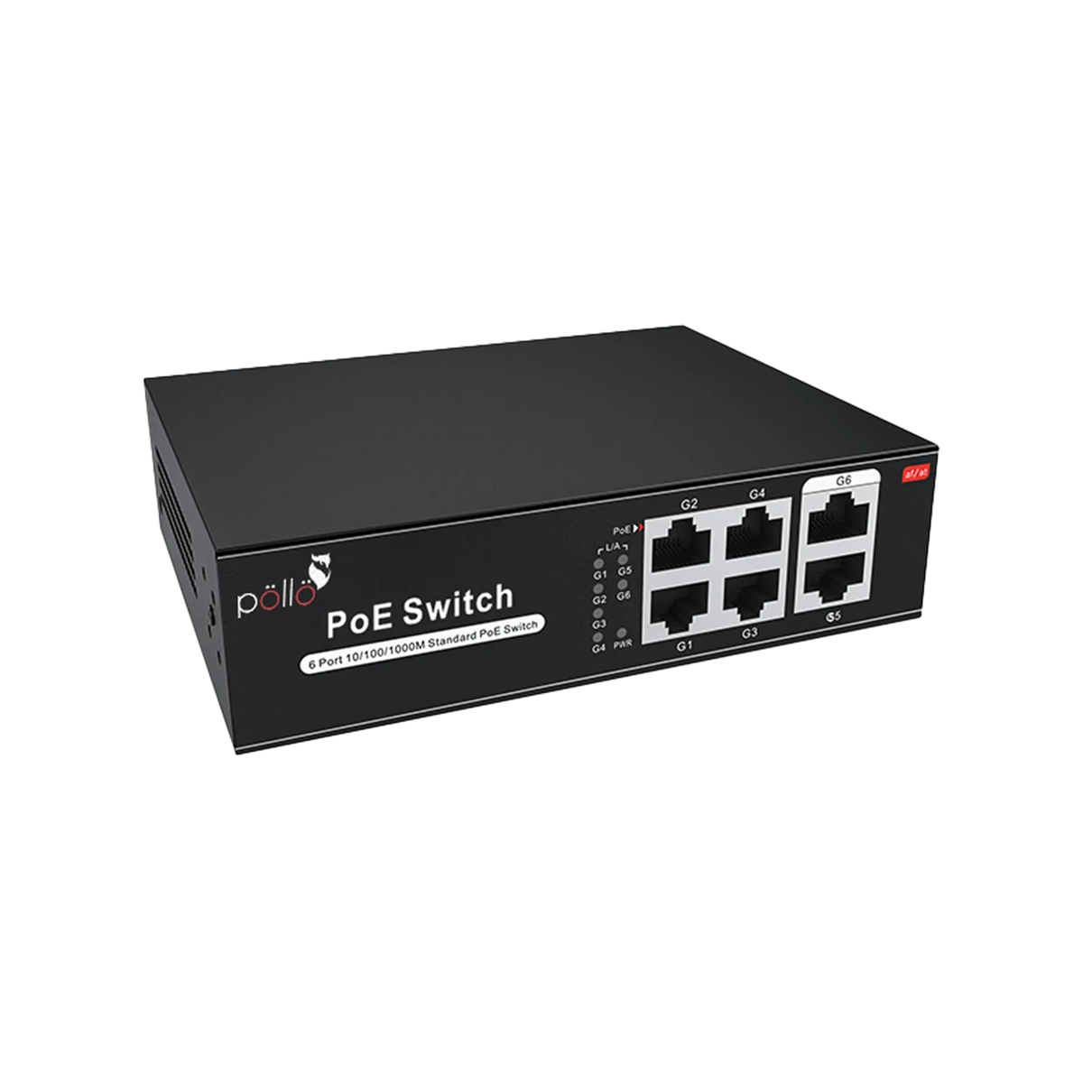 Pollo PLN-1104GB 6-Port Gigabit PoE Network Switch, angled front view