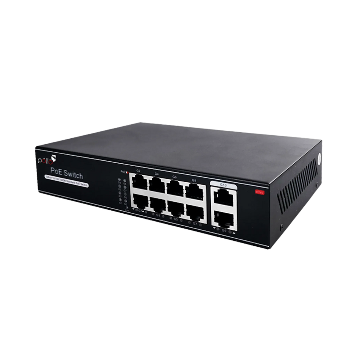 Pollo PLN-1108GB 10-Port Gigabit PoE Network Switch, angled front view