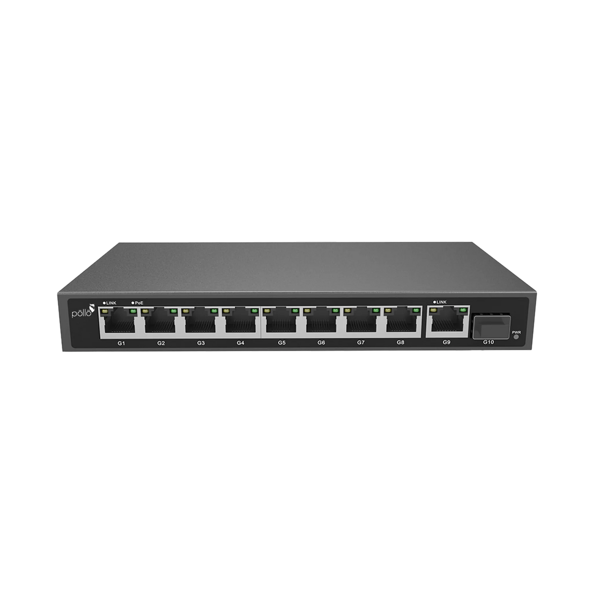 Pollo PLN-1108GB-SFP 12-Port Gigabit PoE Network Switch with Gigabit Uplink & 2 SFP, front view