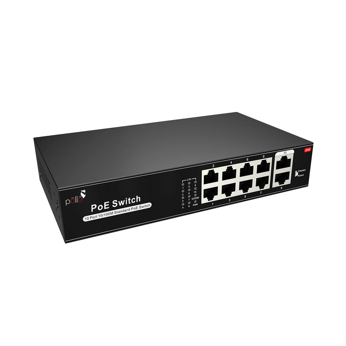 Pollo PLN-1108MB 10-Port Megabit PoE Network Switch, angled front view (second view)