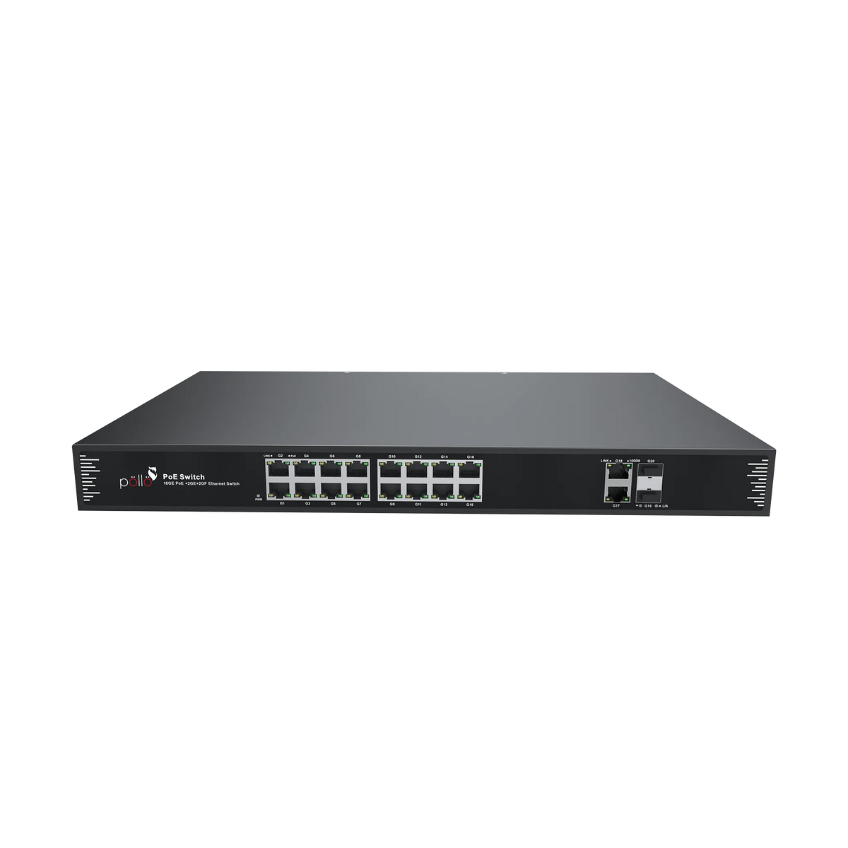 Pollo PLN-1116GB-SFP 18-Port Gigabit PoE Network Switch with 2 SFP, front view