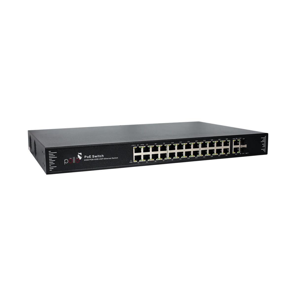 Pollo PLN-1124GB-SFP 28-Port Gigabit PoE Network Switch with 2 SFP, angled front view