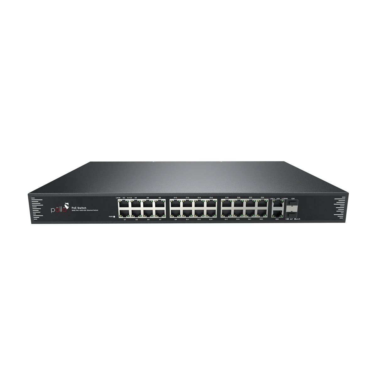 Pollo PLN-1124GB-SFP 28-Port Gigabit PoE Network Switch with 2 SFP, front view