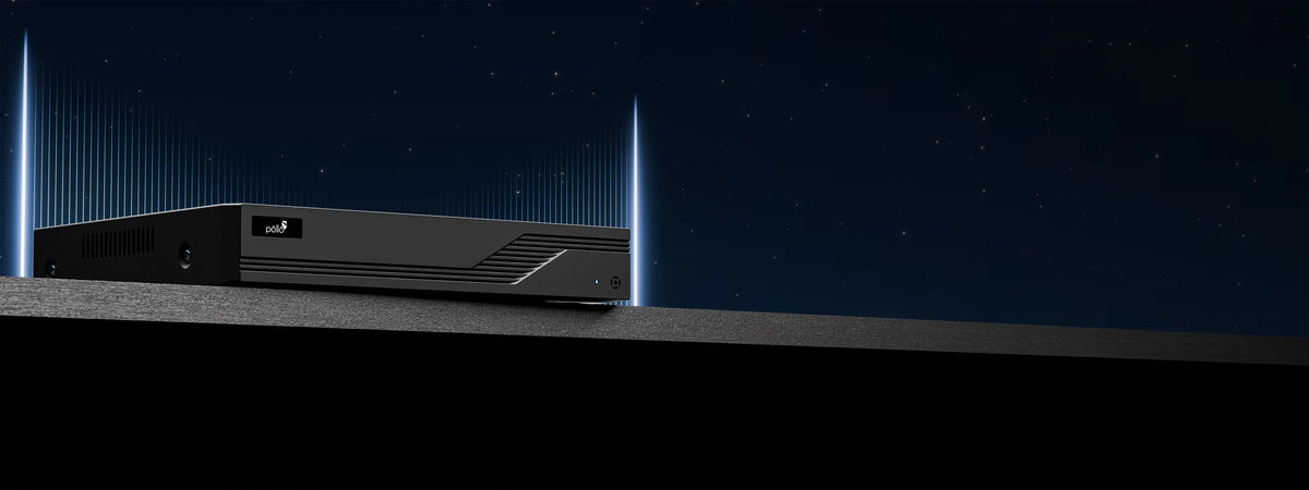 Pollo PLC-1516H1/PM 5 Megapixel 16 Channel DVR with 1 HDD Slot — recorder shown against a dark starlit backdrop