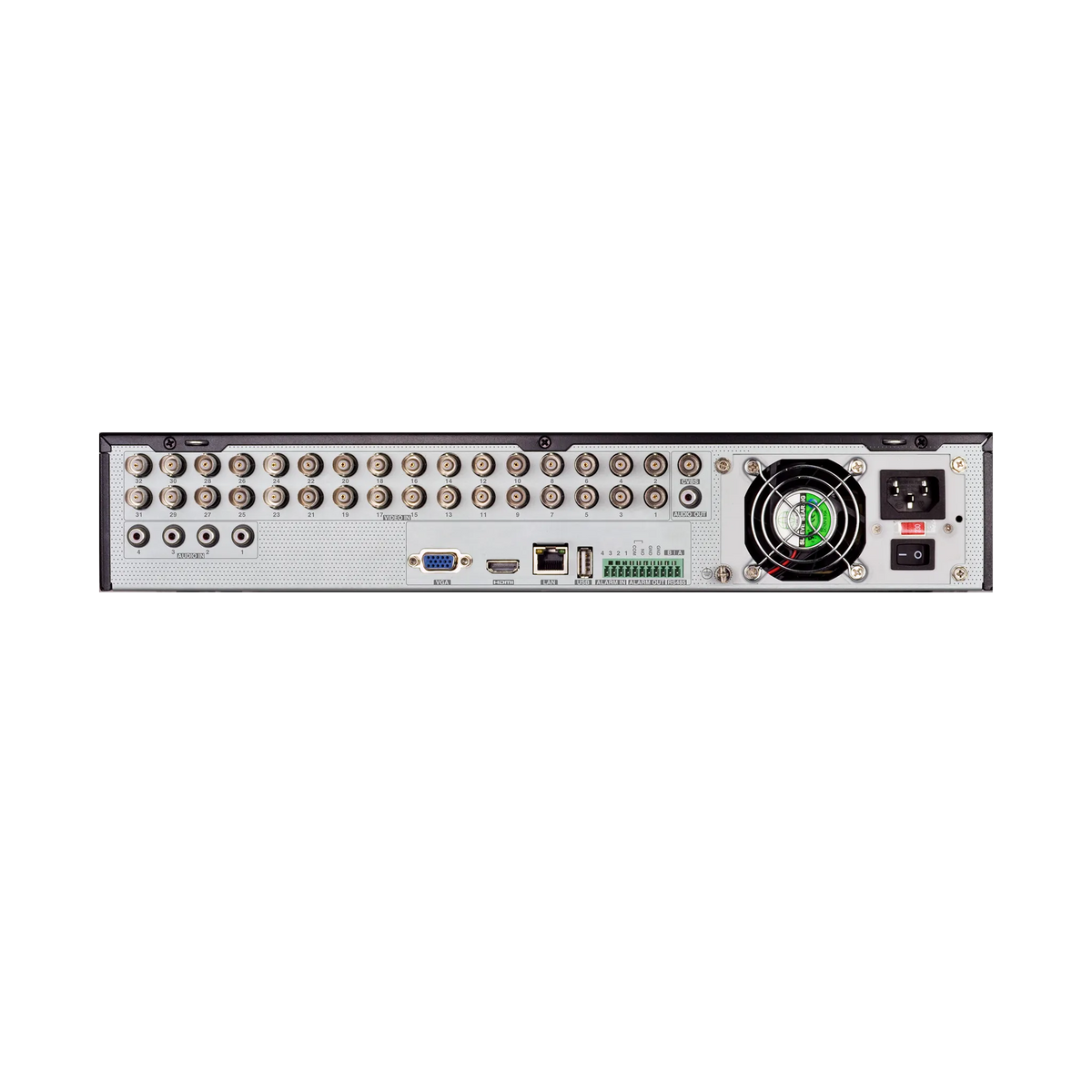 Pollo PLC-1532H4/PM 5 Megapixel 32 Channel DVR with 4 HDD Slots, rear panel with its ports and connectors