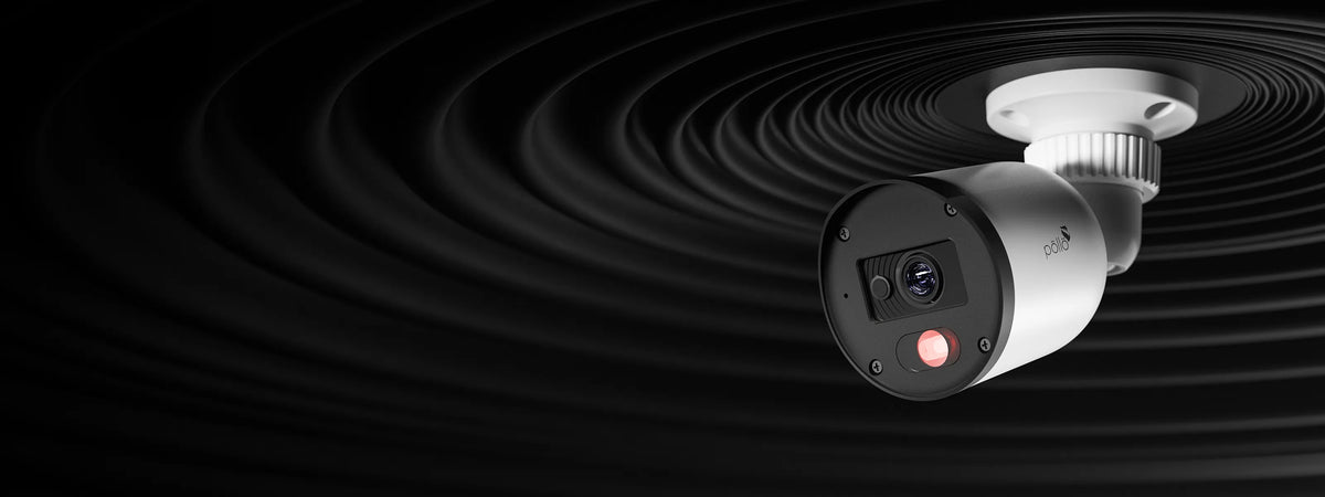 Pollo PLC-322P-IR2/PM 2 Megapixel IR FHD Bullet Camera — bullet camera ceiling-mounted with its warm-light LEDs lit