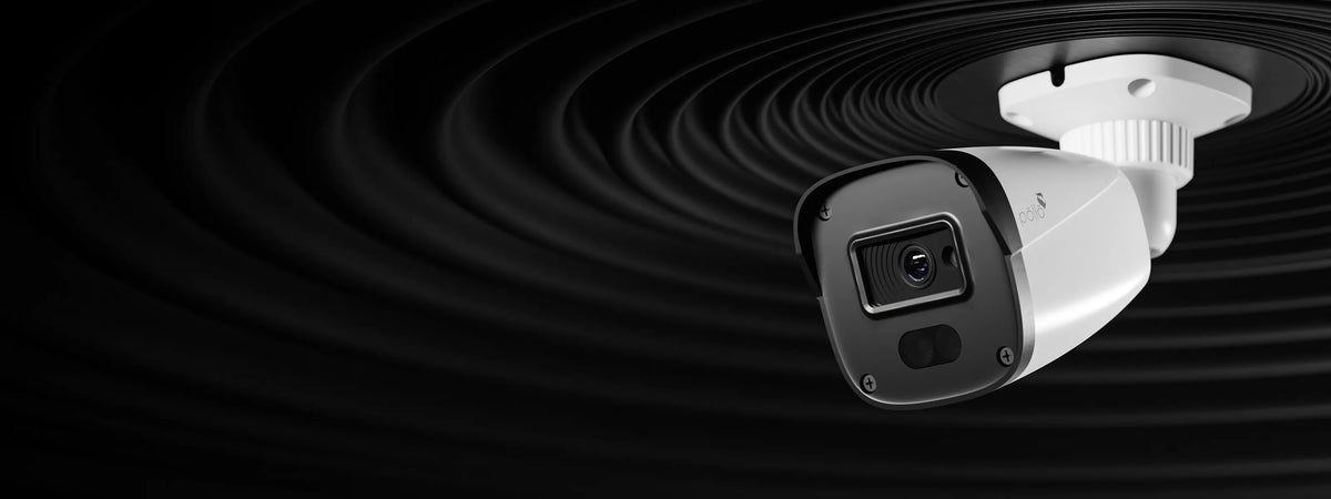 Pollo PLC-325P-IR2/PM 5 Megapixel IR FHD Bullet Camera — bullet camera ceiling-mounted against a dark background
