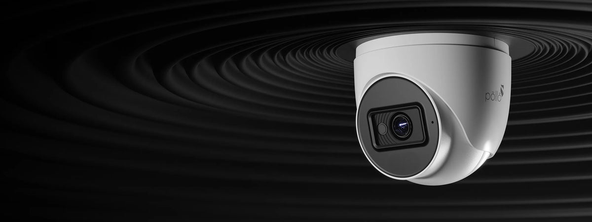 Pollo PLC-335P-IR2/PM 5 Megapixel IR FHD Dome Camera — turret dome camera against a dark rippled background