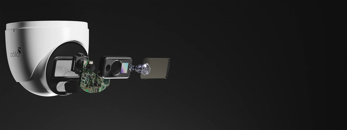 Pollo PLC-335P-IR2/PM 5 Megapixel IR FHD Dome Camera — turret camera exploded to show its sensor and lens