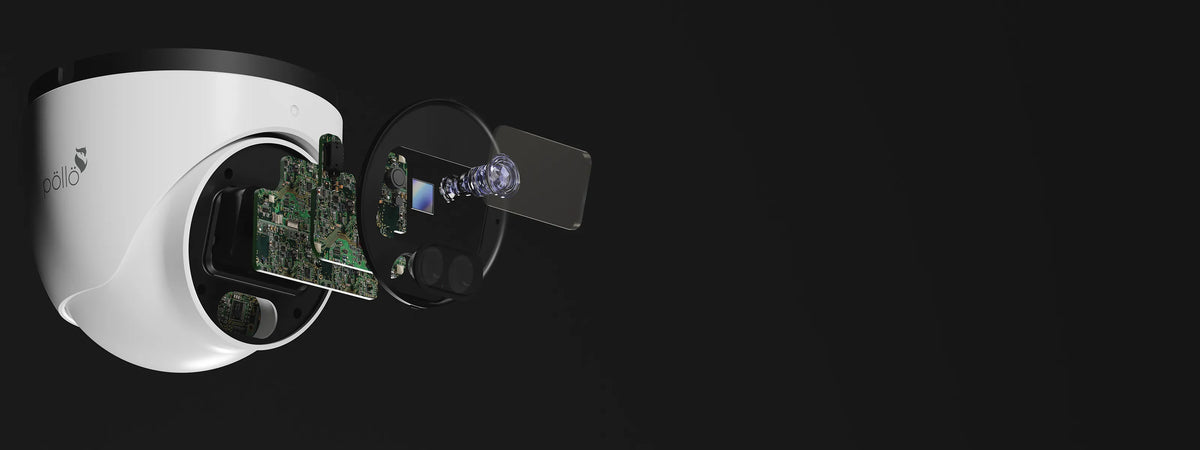 Pollo PLC-338M-IR3/PM 8 Megapixel IR FHD Dome Camera — turret camera exploded to show its lens assembly