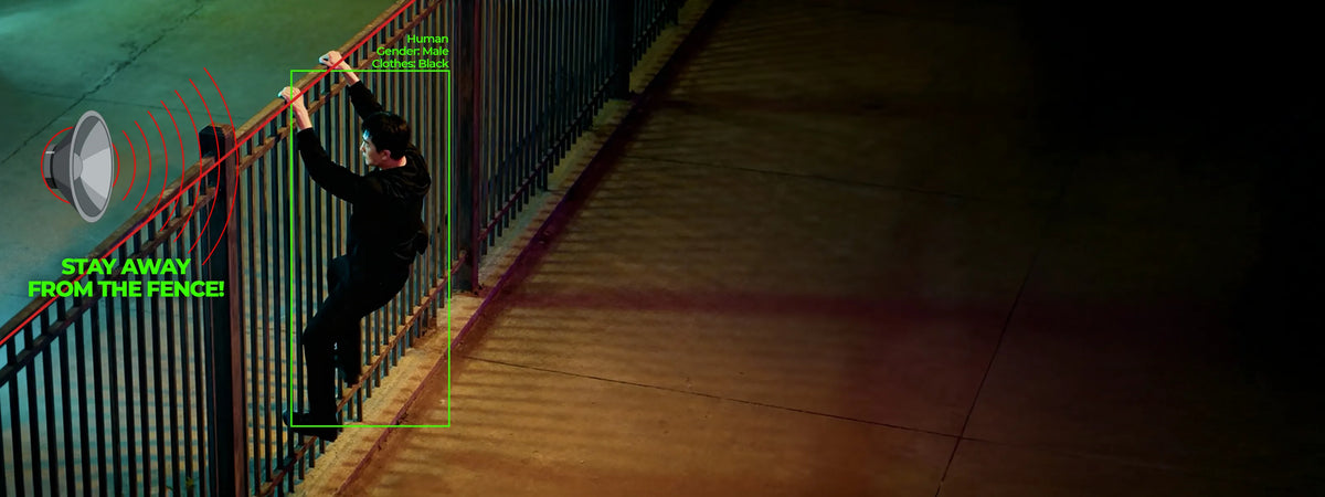 Pollo PLC-424M-AD-IR5/PM 4 Megapixel Active Deterrence Network Bullet Camera — intruder climbing a fence, detected with an active deterrence warning