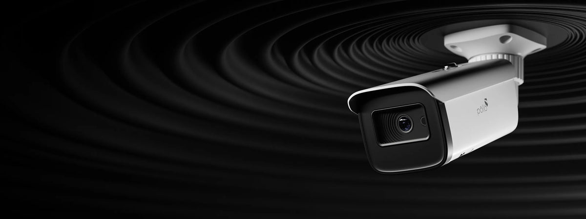Pollo PLC-424M-AU-IR5/PM 4 Megapixel Network Bullet Camera — bullet camera ceiling-mounted against a dark background