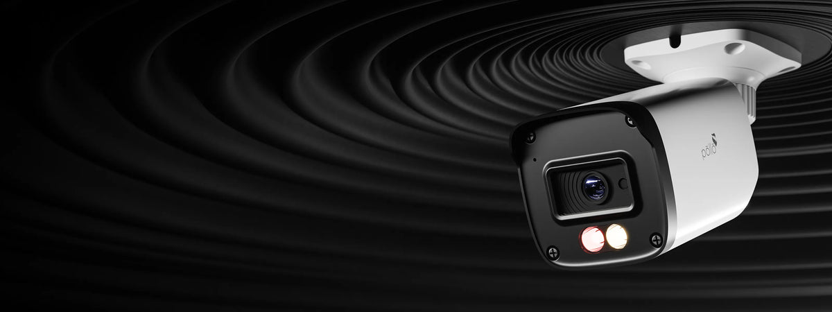 Pollo PLC-426M-AU-DL3/PM-E 6 Megapixel Dual-Light Network Bullet Camera (E) — bullet camera ceiling-mounted with its dual-light LEDs lit
