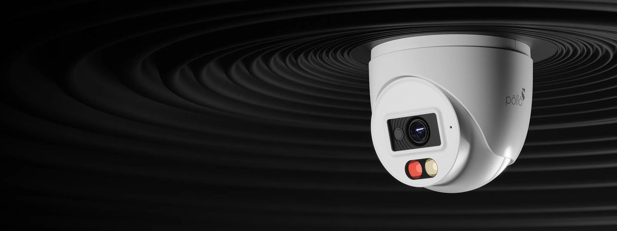 Pollo PLC-432P-AU-DL3/PM 2 Megapixel Dual-Light Network Dome Camera — turret dome camera with its dual-light LEDs lit, on a dark background
