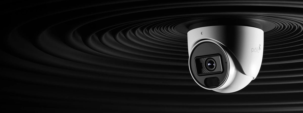 Pollo PLC-434M-AU-PV3/PM 4 Megapixel Night Fighter AI Network Dome Camera — turret dome camera against a dark rippled background