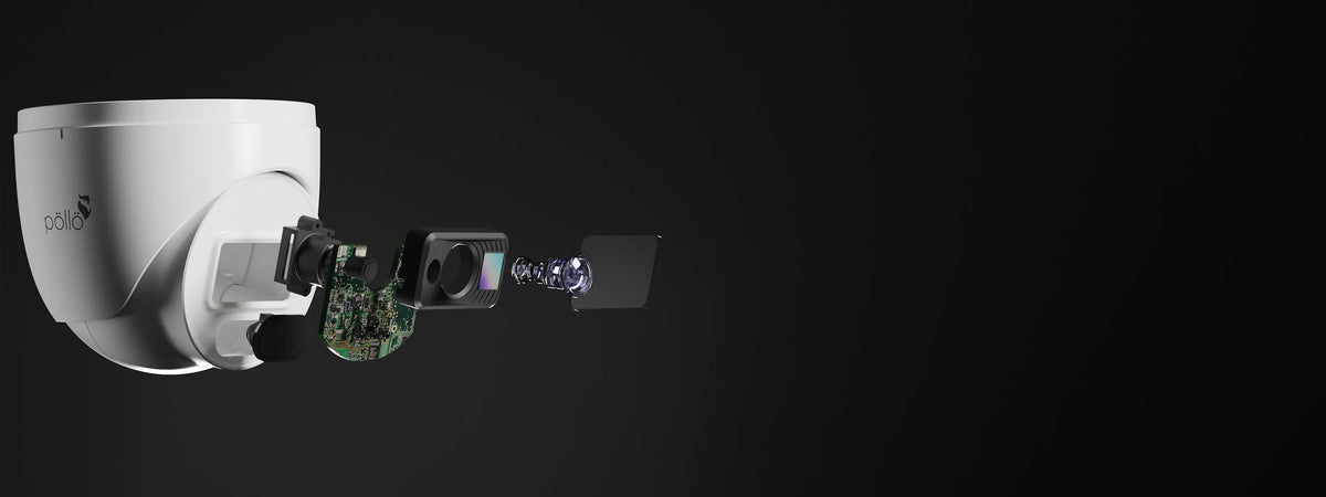 Pollo PLC-434P-AU-IR3/PM 4 Megapixel Network Dome Camera — turret camera exploded to show its internal boards