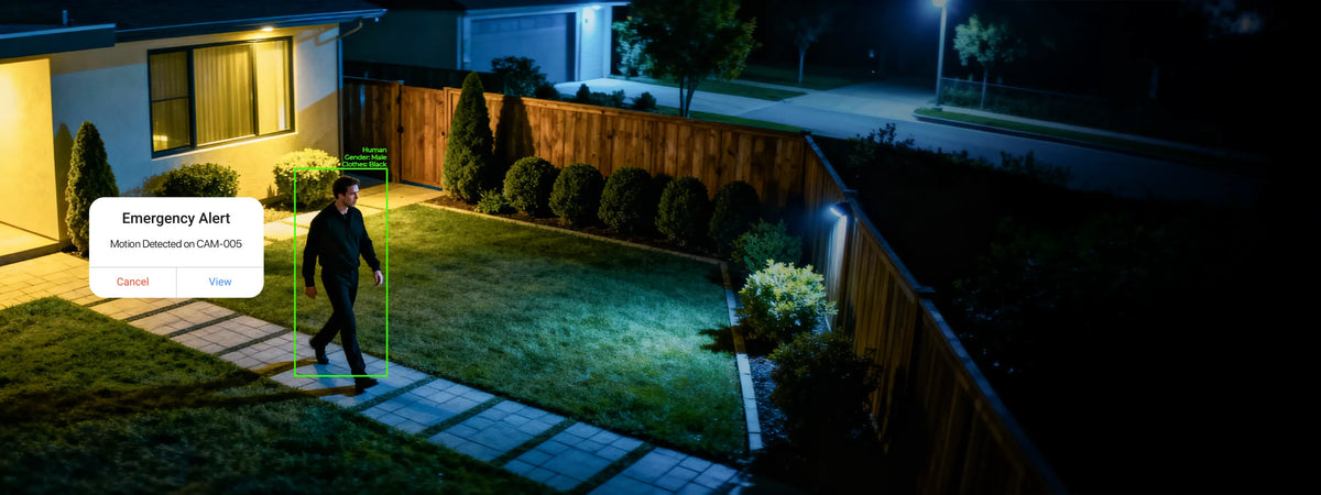 Pollo PLC-435M-AU-IR3/PM 5 Megapixel Network Dome Camera — night garden scene with a person detected and an emergency alert