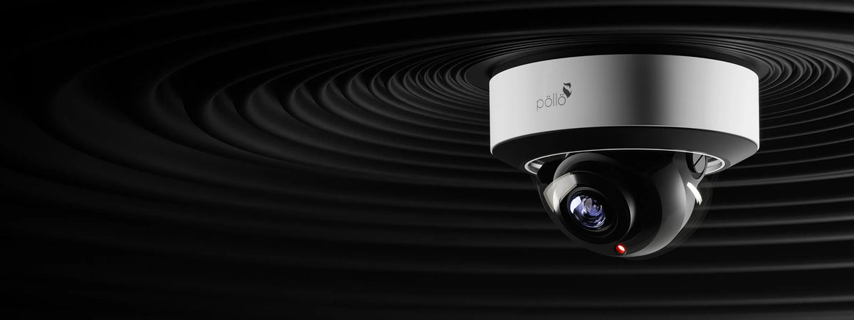 Pollo PLC-435M-AUK-IR3/PM 5 Megapixel Network Vandal Proof Dome Camera — vandal-proof dome camera against a dark rippled background