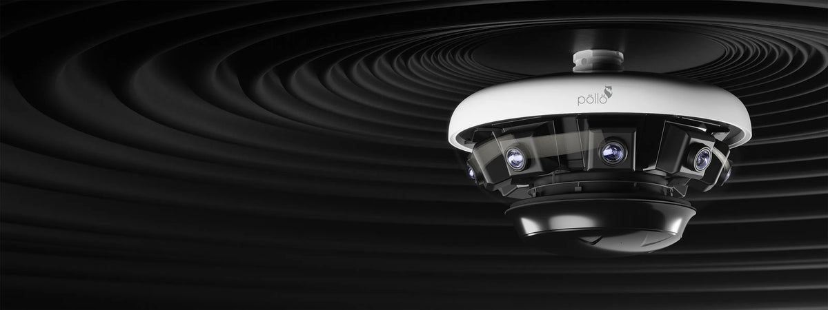 Pollo PLC-4816M-AI-PN-IR3/PM 16 Megapixel 360° Panoramic Network Camera — multi-sensor panoramic dome ceiling-mounted on a dark background
