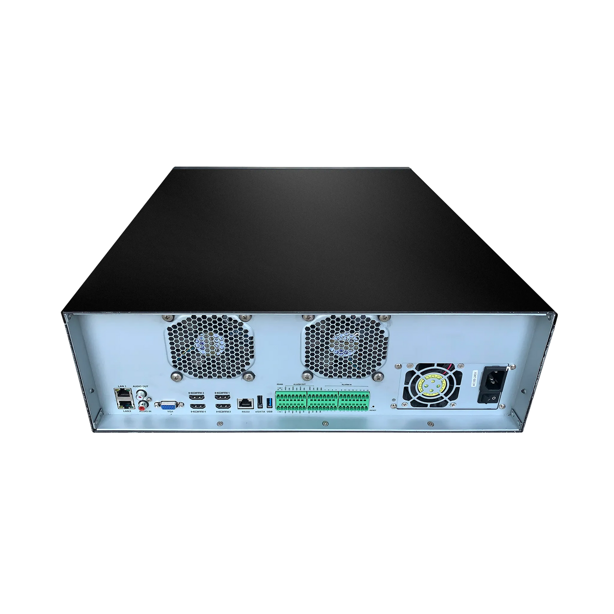 Pollo PLC-516256H16/PM-8K 16 Megapixel 256 Channel 8K NVR with 16 HDD Slots, rear view