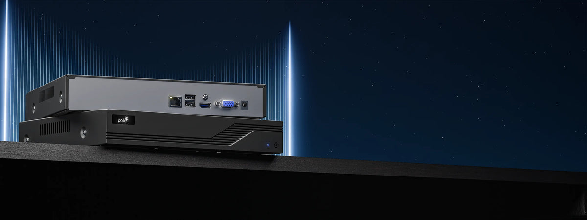 Pollo PLC-5516H1/PM 5 Megapixel 16 Channel NVR with 1 HDD Slot — recorder shown edge-on against a dark backdrop