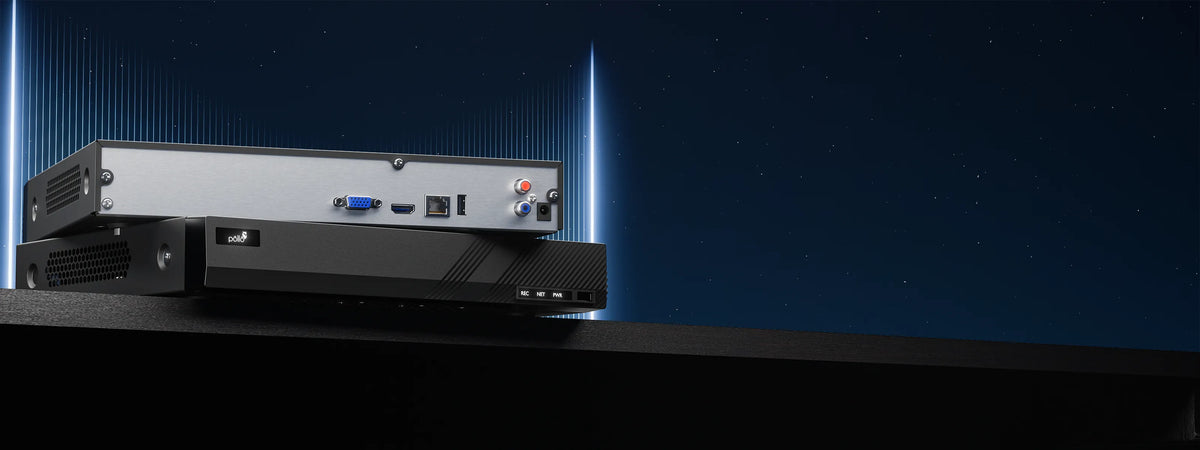 Pollo PLC-5816H1/PM-4K 8 Megapixel 16 Channel 4K NVR with 1 HDD Slot — recorder shown edge-on with its rear ports visible