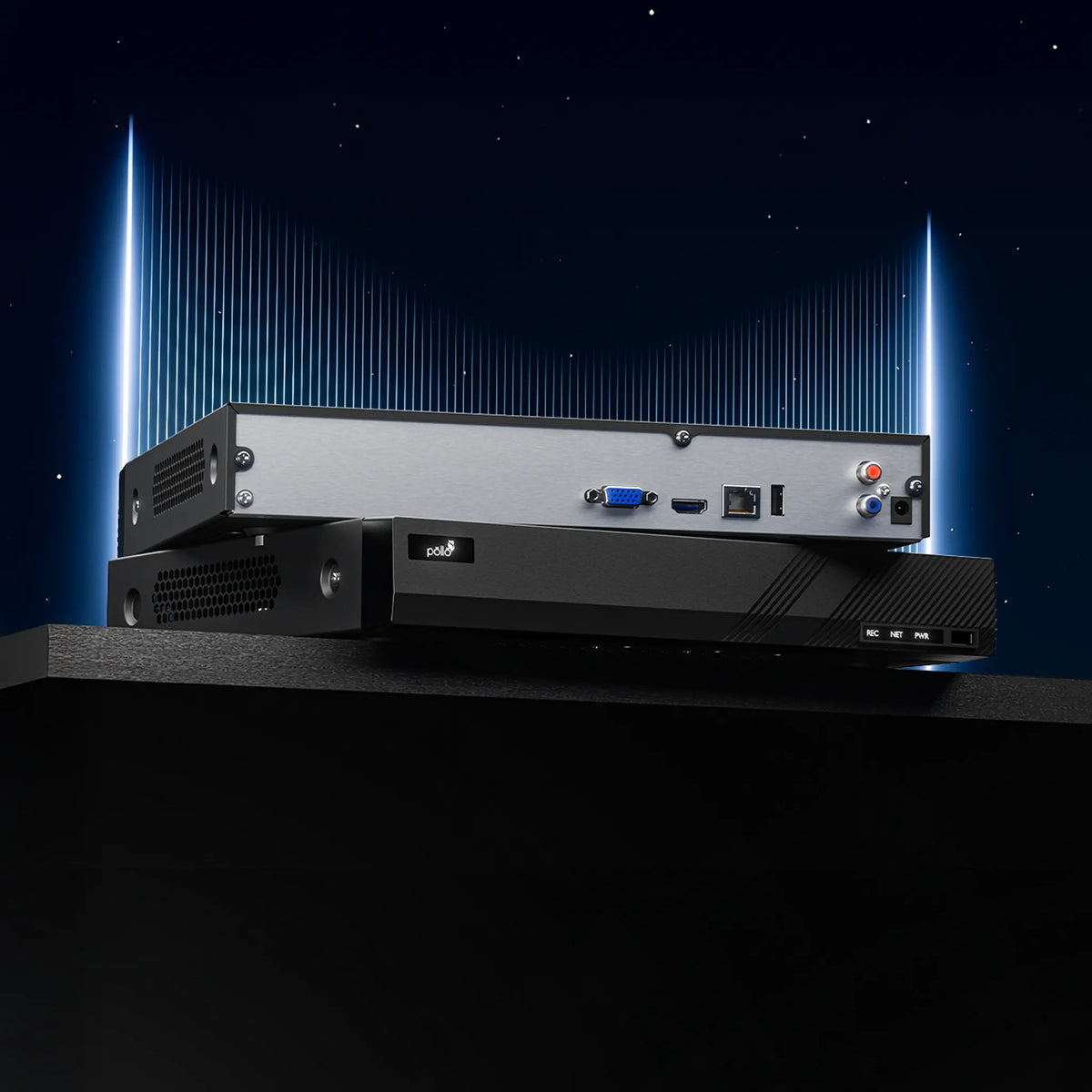 Pollo PLC-5816H1/PM-4K 8 Megapixel 16 Channel 4K NVR with 1 HDD Slot, rear panel shown against a dark background