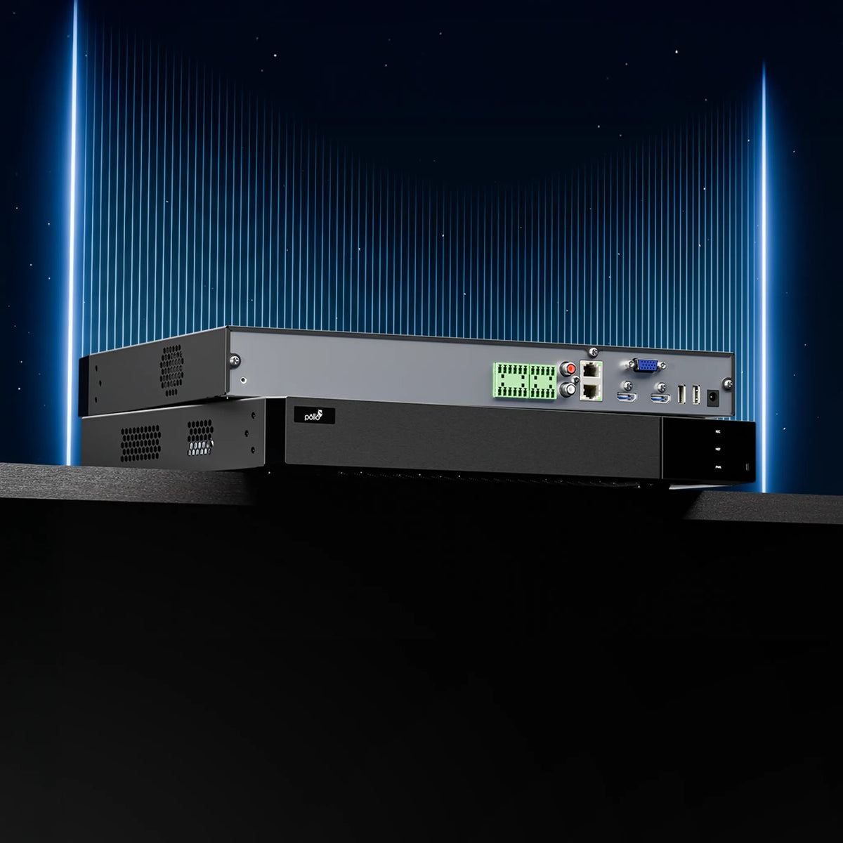 Pollo PLC-5816H2/PM-4K-C 8 Megapixel 16 Channel 4K NVR with 2 HDD Slots, rear panel shown against a dark background