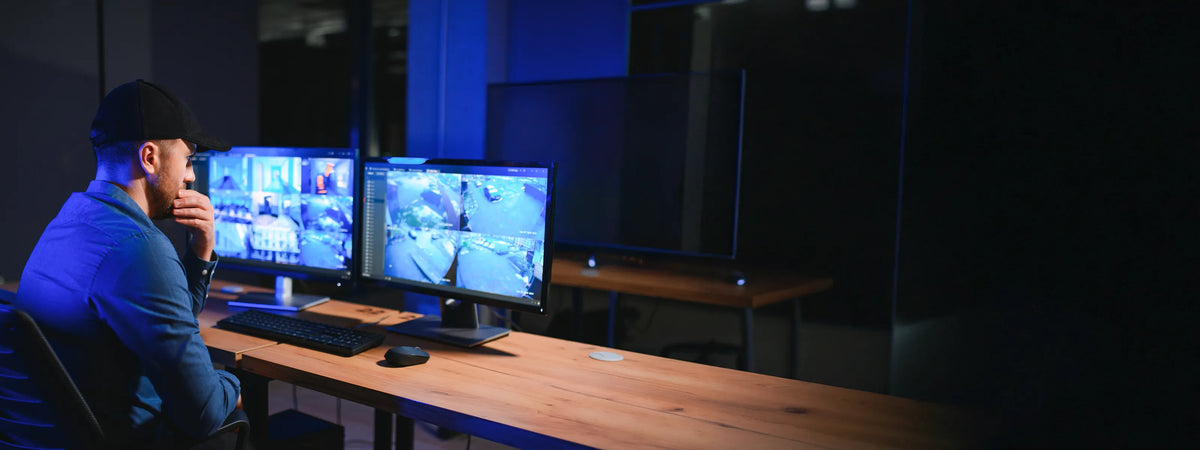 Pollo PLC-5816H2/PM-4K 8 Megapixel 16 Channel 4K NVR with 2 HDD Slots — operator monitoring camera feeds at a surveillance desk