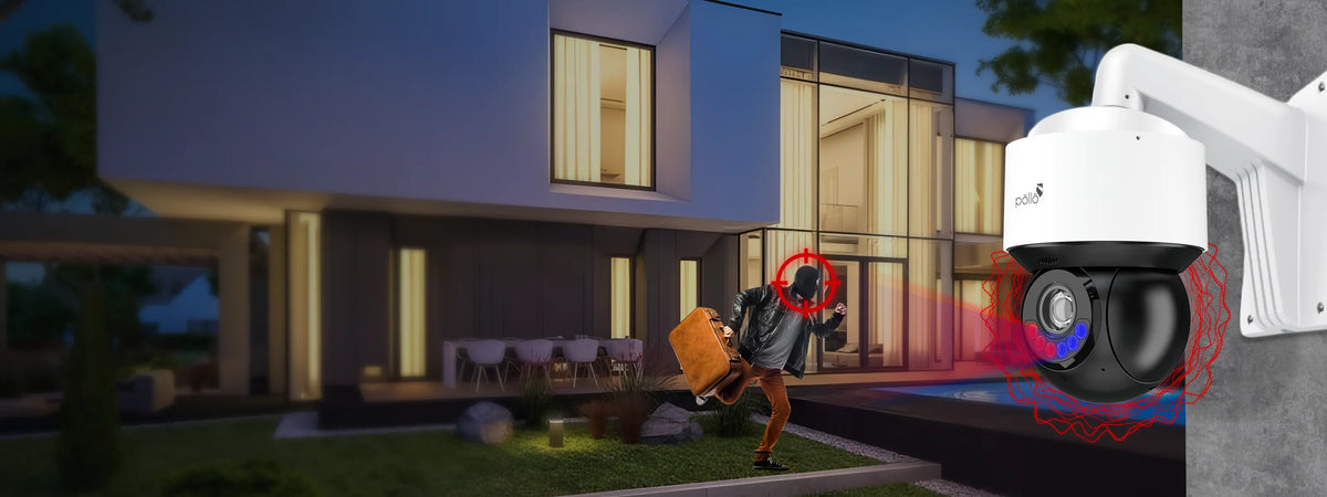 Pollo PLC-944-AD-DL5PM 4 Megapixel 4x Mini PTZ Camera — PTZ camera detecting an intruder outside a house at dusk